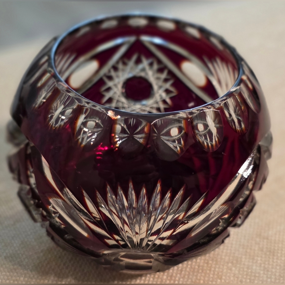VINTAGE CUT TO CLEAR CRYSTAL RUBY RED CRANBERRY BOWL VASE